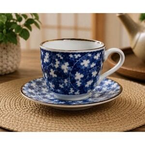 Japanese Blue And White Porcelain Tea Cup Saucer Set, Arita Style Floral 4"[X]